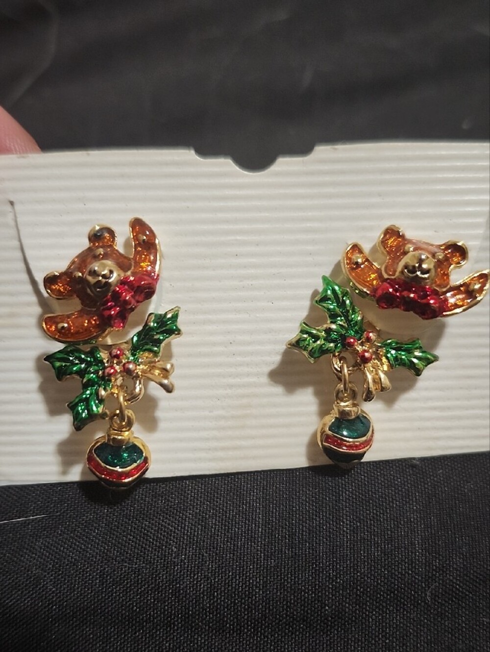 Vintage Christmas Teddy Bear & Ornament Dangle Earrings Gold Tone - Picture 3 of 6